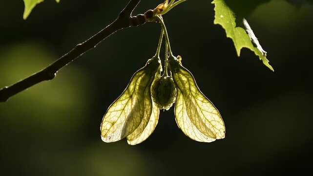 Luminous green maple samaras hanging from a branch glowing with vibrant backlighting against a deep forest background. Detailed close-up of natural winged seeds.