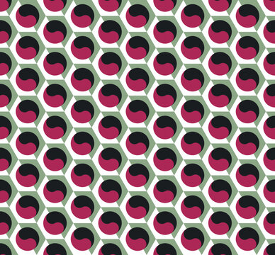 Seamless geometric pattern with circular yin yang inspired motifs. Modern abstract optical illusion vector background with retro colors and rhythmic repetition.