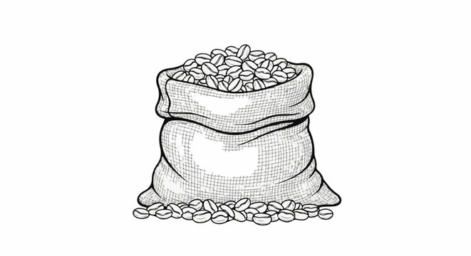 A burlap sack overflowing with coffee beans, with scattered beans at its base
