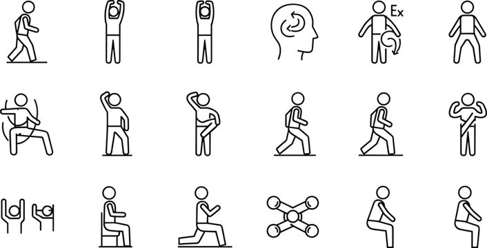 Physical therapy and rehabilitation line icons set with exercise stretching and movement poses