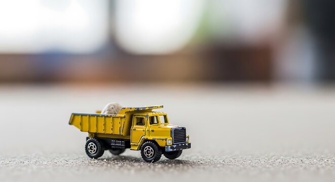 Miniature Yellow Toy Dump Truck Carrying a Small Stone
