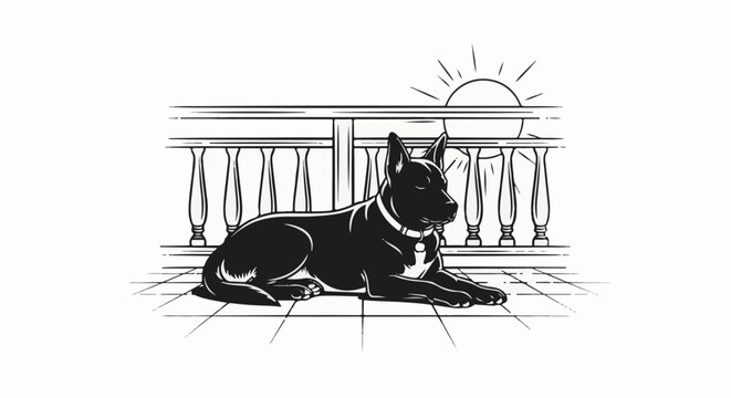 A black dog rests on a tiled floor in front of a decorative railing at sunrise