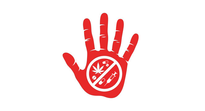 red handprint with prohibition symbols against drugs