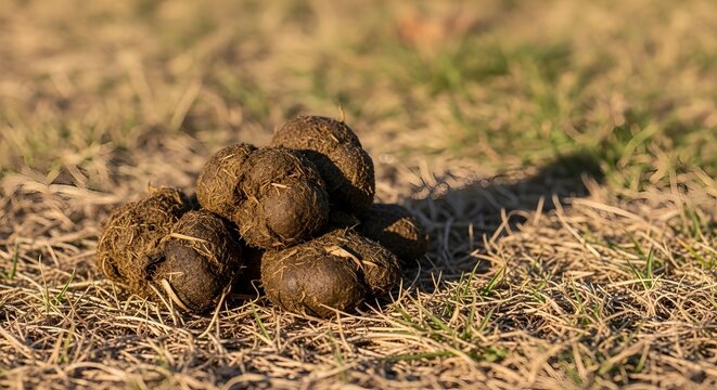 Fresh horse manure on dry grass in a field, natural organic fertilizer