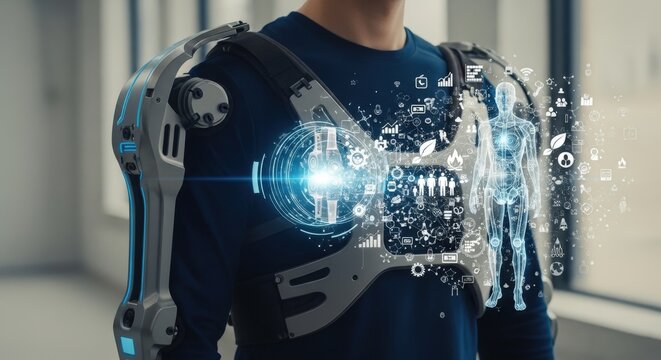 Industrial Exoskeleton Close-up Concept: Steel Gray Alloy Armor with Holographic Mechanical Joint and Human Interface Icons