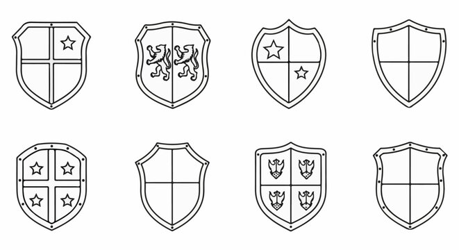 A collection of eight outline shield designs with various emblems and divisions