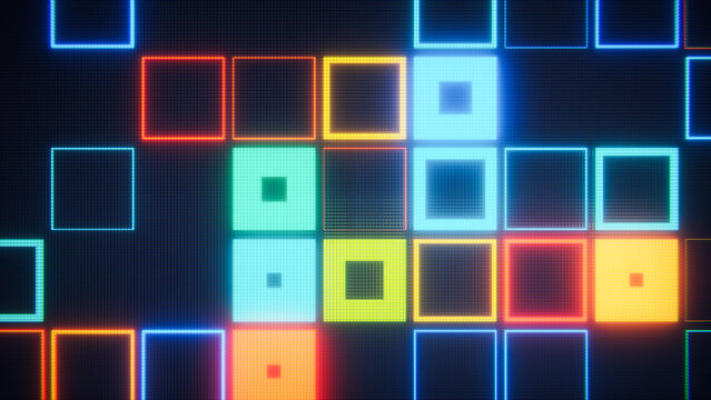 Digital pixelated squares creating a dynamic neon led screen pattern