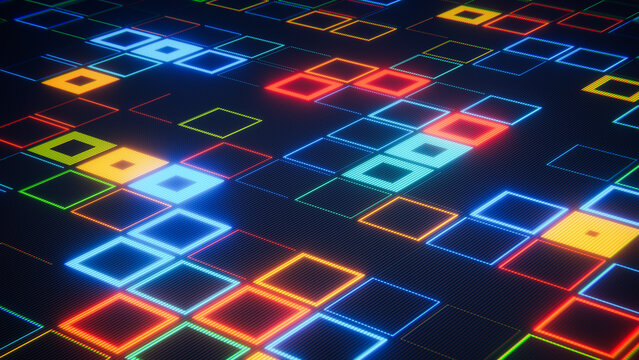 Digital square pixels illuminating an abstract retro display with bright neon colors