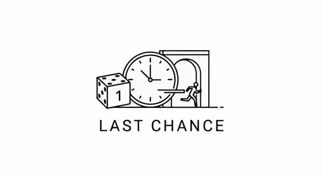 A dice with a '1' faces a clock and a figure running through an archway