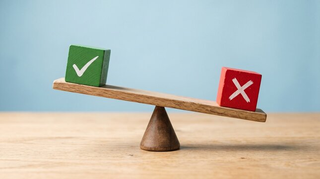 Choice and Decision: A visual metaphor of decision-making, with balanced blocks representing contrasting choices, perfectly showcasing the balance of judgment