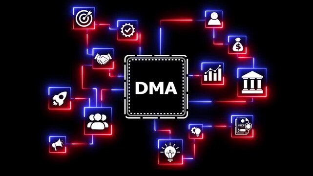 Digital marketing automation concept with neon glow.