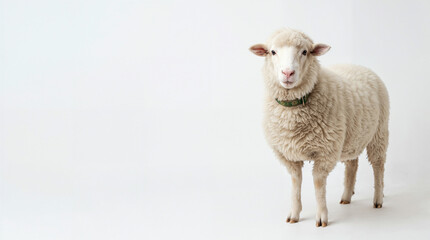 Fototapeta premium Fluffy White Sheep Standing on Clean White Background with Copy Space