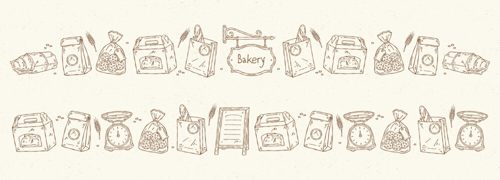 Bakery border set in line art doodle style featuring bakery signboard, packaging, wrapped bread, baked goods in packaging, scales and wheat ears in monochrome outline vector