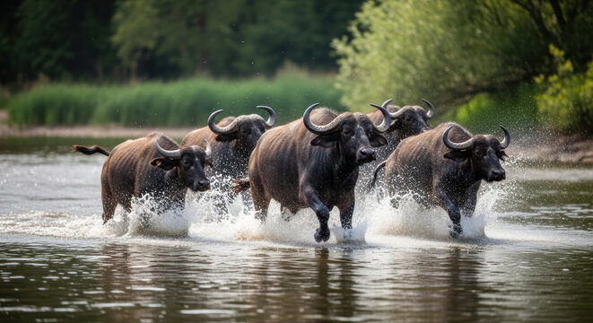 Wild Buffalo Herd Running Through Water in Nature Environment