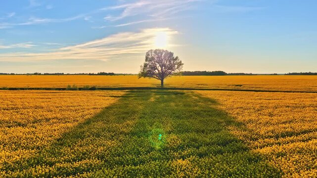 Aerial drone moves forward over vast blooming yellow rapeseed canola field toward single backlit lone tree at sunrise with dramatic lens flare and long shadow in Latvia