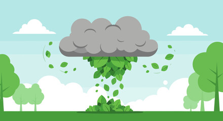 Fototapeta premium Green leaves falling from a cloud, symbolizing nature's bounty and growth