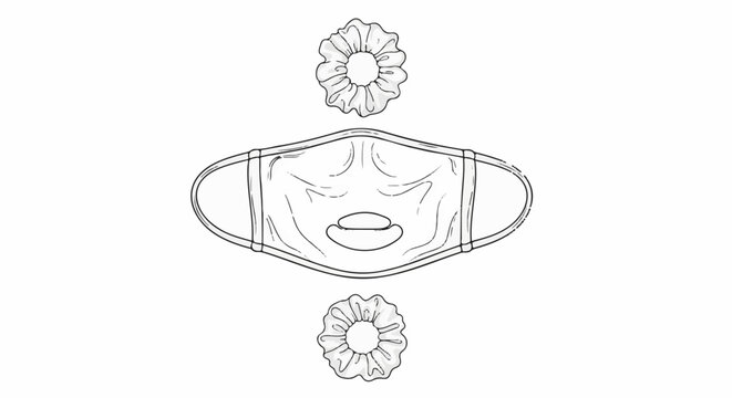 A drawing of a face mask with cutouts and two scrunchies