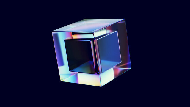 Abstract glass cube with rainbow light dispersion and reflections on a black background