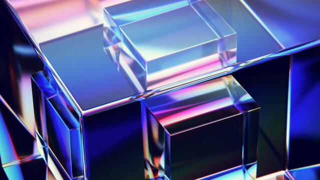 Iridescent precise glass cubes reflecting light with elegant dispersion effect