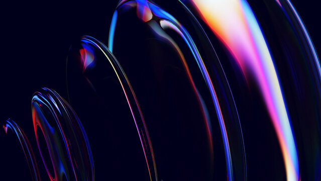 Abstract iridescent glass rings rippling with light dispersion and reflection on a black background