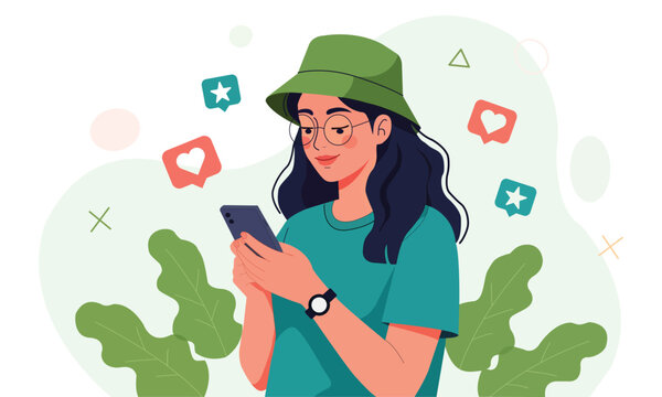 Vector art of young woman wearing green bucket hat and glasses using smartphone for social media networking