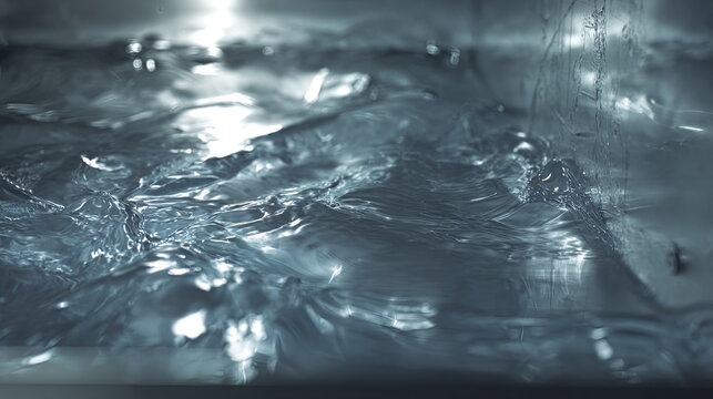 Clean water surface with flowing ripples and bright reflections, an abstract close up that conveys purity, calmness and refreshing, serene motion in blue aqua tones