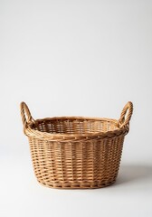 Obraz premium Handcrafted wicker basket featuring twin woven handles, showcased against a seamless white background for a clean and minimalist aesthetic, wood, houseware, interior