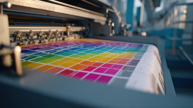 Rainbow Spectrum in Printing Process: A close-up shot of a high-tech printing machine, meticulously laying down a vibrant spectrum of colors onto a sheet.