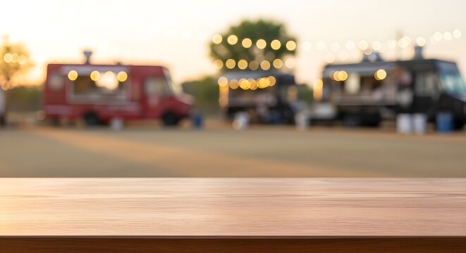 Empty wooden table sits before blurred food trucks at an outdoor festival with bokeh lights for food product marketing