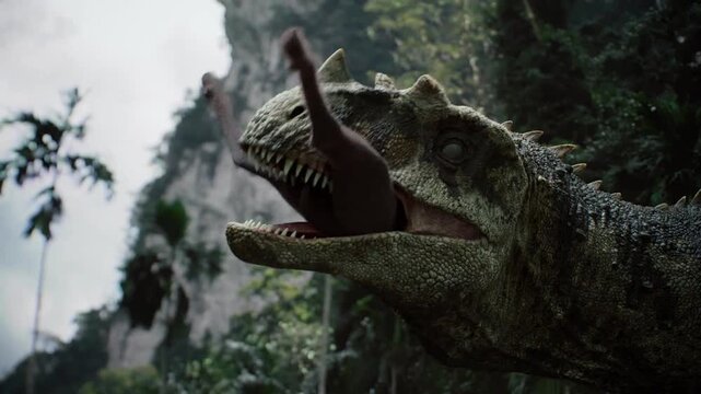 rex dinosaur devours prey in dense prehistoric jungle, close up