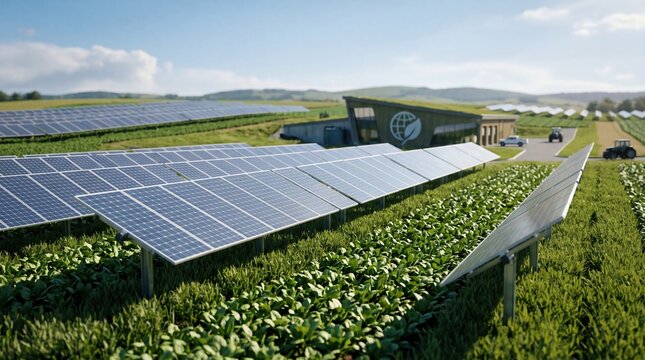 Solar panels installed over green crops in agrivoltaic farm, renewable energy generation combined with sustainable agriculture, eco-friendly power plant, green technology and