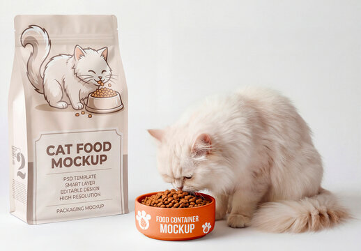 Cat eating dry food next to blank pet food packaging mockup