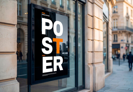 Outdoor window poster mockup on city building facade