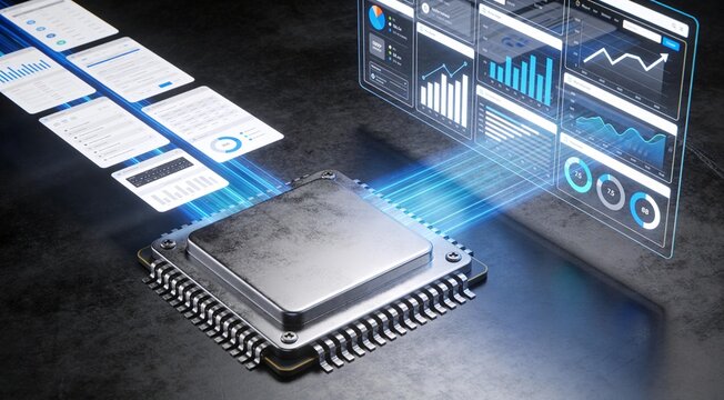 Business Data Transformation Visual with Titanium Compute Core, Incoming Raw Information Cards and Outgoing Growth Charts, Premium Enterprise Software Concept for Reporting and Performance Analytics