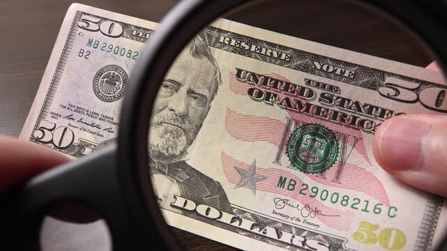 Examination of 50 American dollar (USD) cash money with magnfication glass, loupe. Concept of authenticity check, fight against counterfeiting of banknotes, anti fraud measures in USA. Close up view.