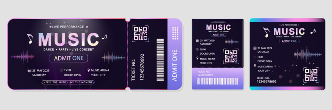 Neon style music ticket template with QR code and sound wave. Vector set of layouts for a concert or festival. Modern dark design with gradient for events.