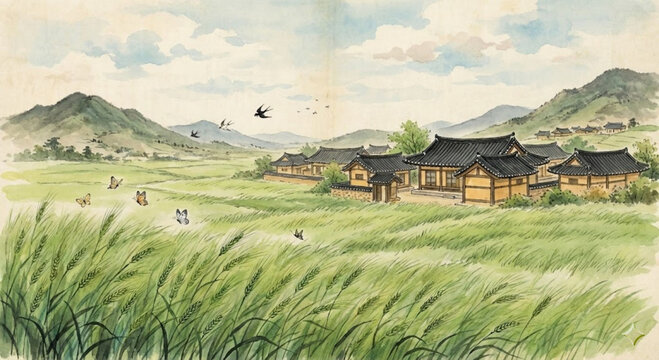 Peaceful korean hanok village with green meadow and mountains