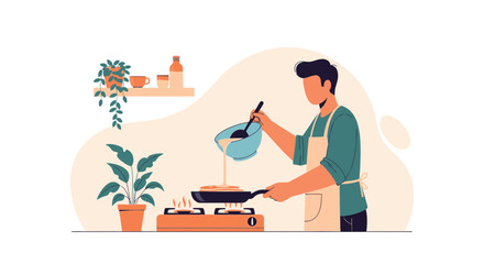 Fototapeta premium Man cooking pancakes on stove at home kitchen, healthy breakfast, lifestyle illustration