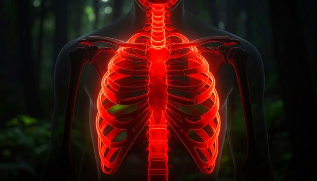A human ribcage and sternum highlighted in red, symbolizing thoracic pain, spinal health, and anatomical focus.