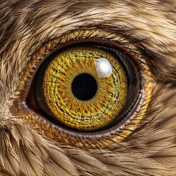 Macro close-up of a sharp avian eye featuring intricate golden iris patterns surrounded by detailed feathers and a piercing deep pupil, vision, clarity, pupil