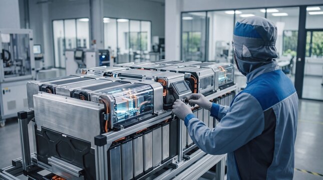 Worker assembling high-tech battery modules on an automated production line in a clean room environment for electric vehicle manufacturing industry.