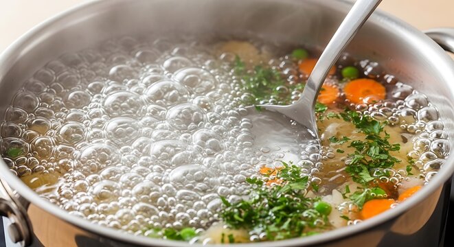 Boiling vegetable soup in a stainless steel pot with fresh parsley and carrots