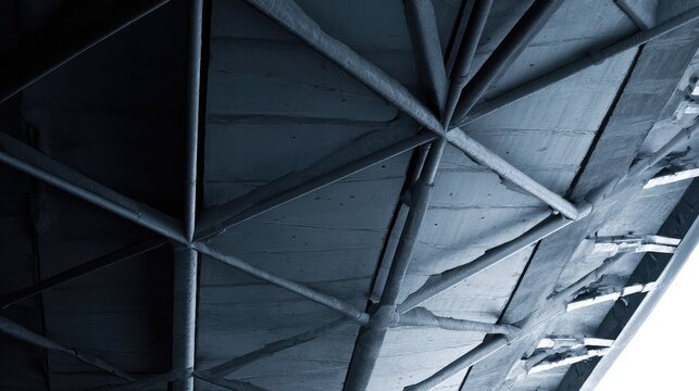 Steel bridge structure featuring a complex geometric pattern of beams and support elements, creating an abstract and industrial architectural background with strong lines and shadows