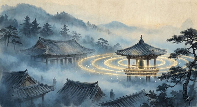 Buddhist temple bell in misty mountains with magical glow