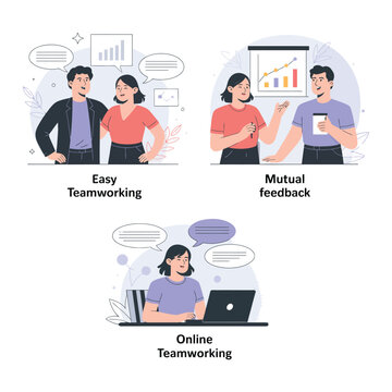 Teamwork illustration with people collaborating and communicating effectively online