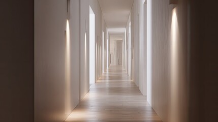 Fototapeta premium Empty interior hallway extending into the distance, featuring bright walls, warm illumination from wall sconces, and light wooden flooring creating a sense of clean, minimalist architecture