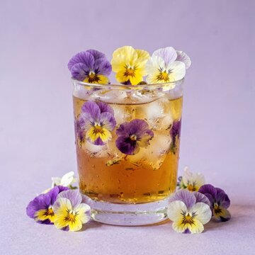 Iced Tea with Edible Pansies in Glass on Pastel Background