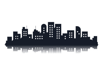Fototapeta premium Modern city skyline at night with glowing windows and reflection, urban cityscape panorama with skyscrapers, dark vector illustration isolated on white