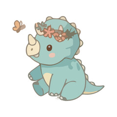 Fototapeta premium Cute Baby Triceratops Dinosaur with Flower Crown and Butterfly