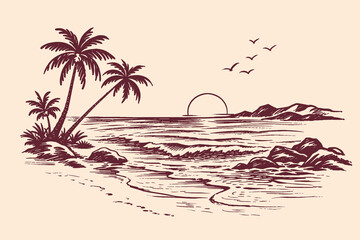 Tropical beach sunset doodle vector illustration with palm trees, waves and hand drawn coastal scenery © Saad Hassan